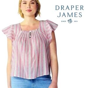 Draper James RSVP Blouse Linen Cotton Top Shirt Flutter Sleeve Shirred Smocked